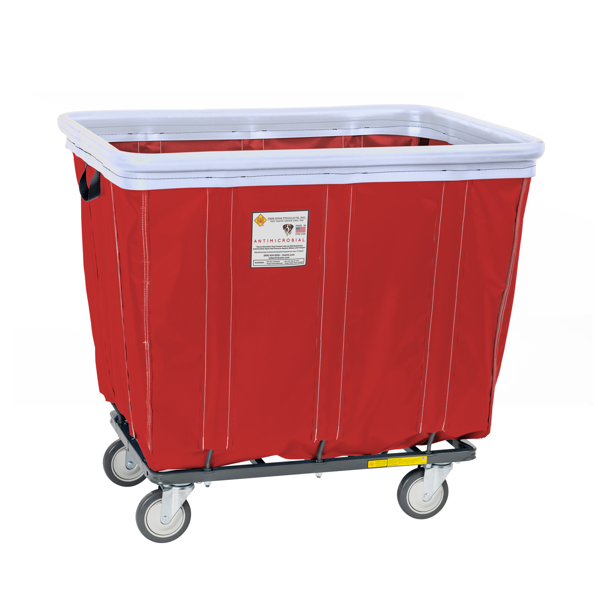 R&B Wire Products, Inc., Antimicrobial Vinyl Basket Truck w/ Bumper, Capacity 600 lb, Capacity Volume 20 ft³, Color Red, Model# 418SOBC/ANTI/RD
